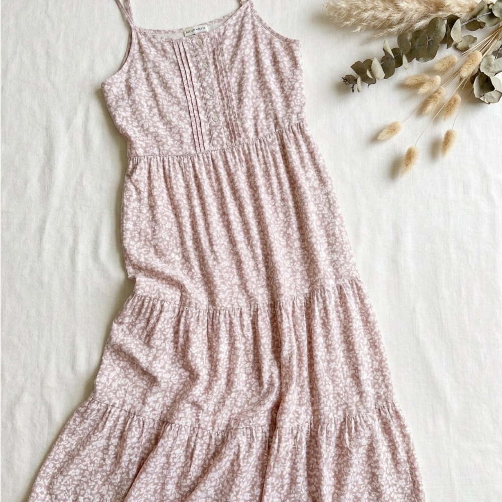 Moon River Floral Tiered Midi Dress - Blush Pink & Cream (Medium)